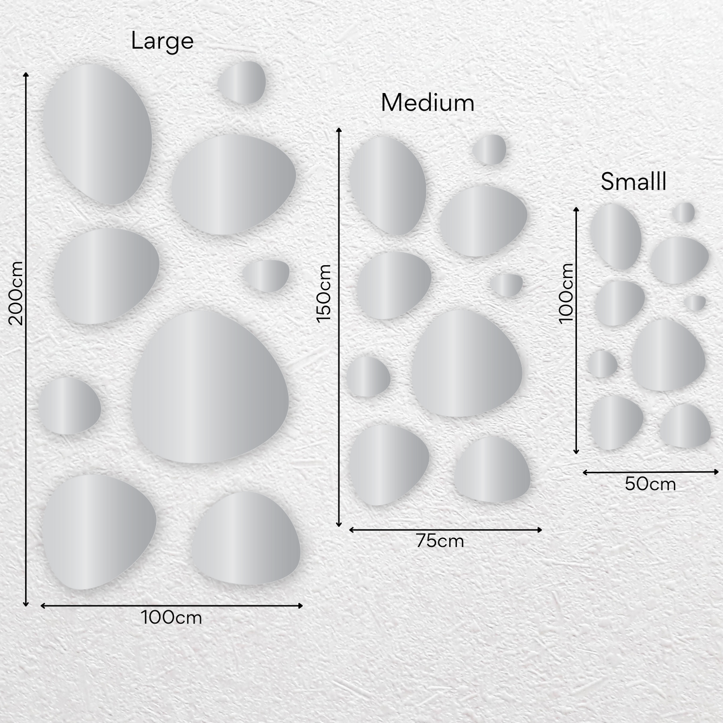 Organic shapes Mirror gallery wall size options – multiple mirror set in various sizes for modern home decor. Stylish wall mirror arrangement for living rooms, hallways, and bedrooms. Set of multiple mirrors.