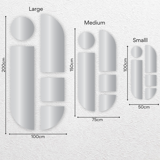Mirror gallery wall size options – multiple mirror set in various sizes for modern home decor. Stylish wall mirror arrangement for living rooms, hallways, and bedrooms. Set of multiple mirrors.