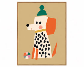 Illustrated spotted dog in a bobble hat, character art print for a kids room, in a custom frame