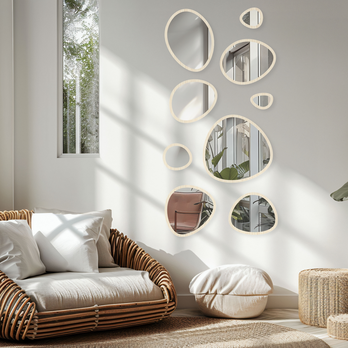 Beautiful natural framed organic pebble style mirror wall