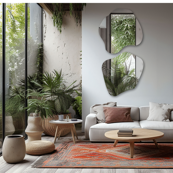 Set of two organic mirrors – asymmetrical mirror pair with flowing shapes for modern home decor. Nature inspired, curated set for luxury interiors.