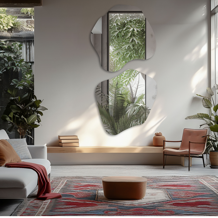 Elegant set of two gold organic mirrors – asymmetrical mirror duo for luxury home decor, styling and interiors. Minimalist modern, unique and exclusive design.