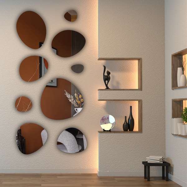 Organic shape mirror gallery wall size options – multiple mirror set in 3 different size options  for modern and trendy home decor. 
Curated organic mirror gallery wall – nature-inspired mirror set with flowing, asymmetrical shapes for modern home decor