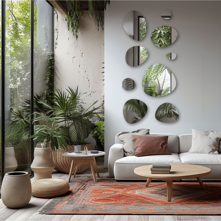 Luxury organic mirror gallery wall set – asymmetrical floating mirrors for elegant interior styling and home decor.