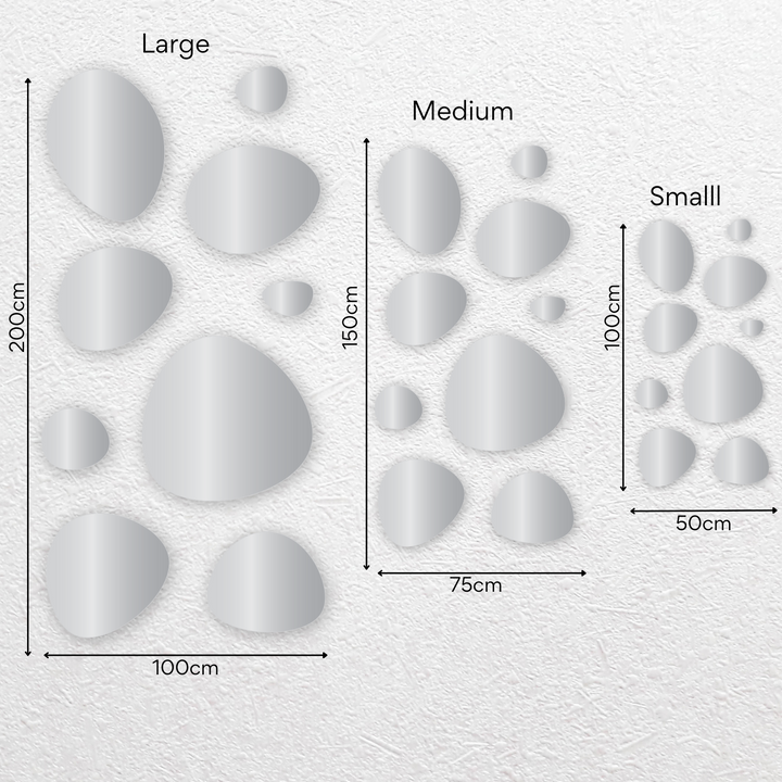 Organic shapes Mirror gallery wall size options – multiple mirror set in various sizes for modern home decor. Stylish wall mirror arrangement for living rooms, hallways, and bedrooms. Set of multiple mirrors.