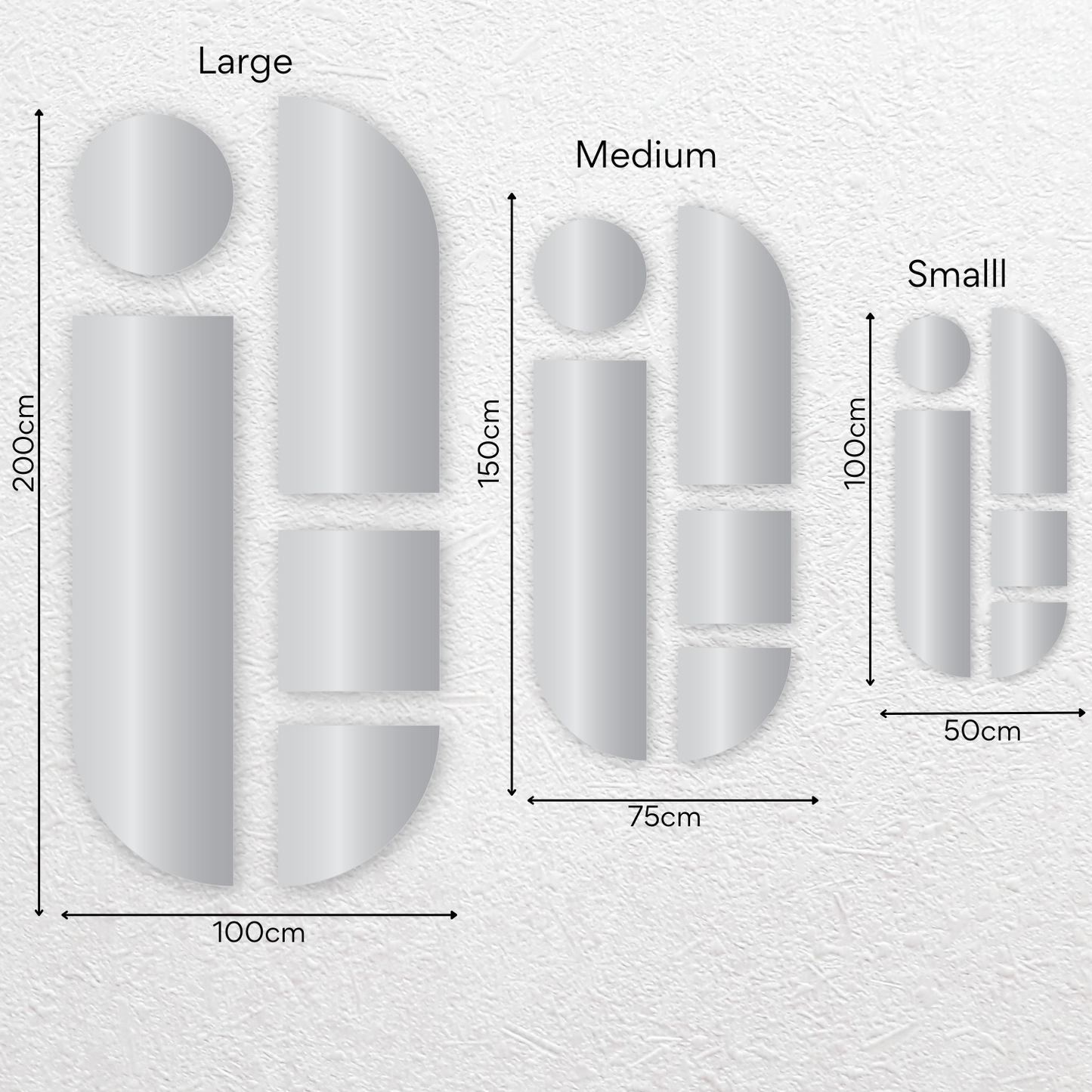 Mirror gallery wall size options – multiple mirror set in various sizes for modern home decor. Stylish wall mirror arrangement for living rooms, hallways, and bedrooms. Set of multiple mirrors.