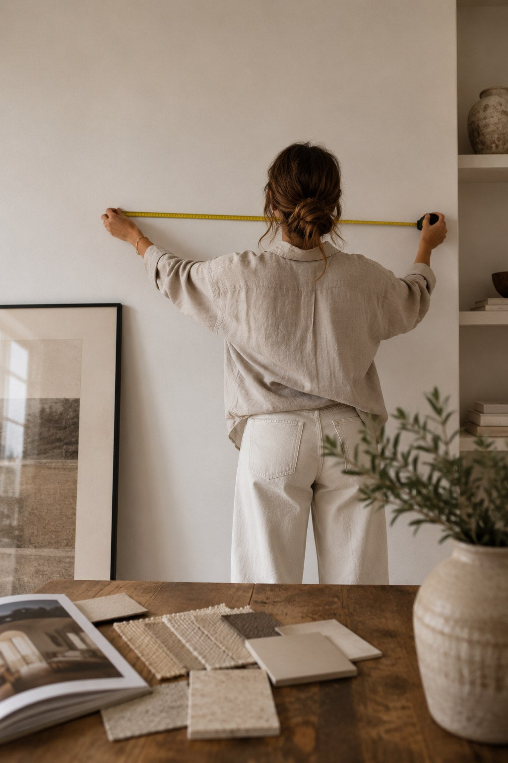 wall décor specialist measuring a wall for a design consultation, Johannesburg