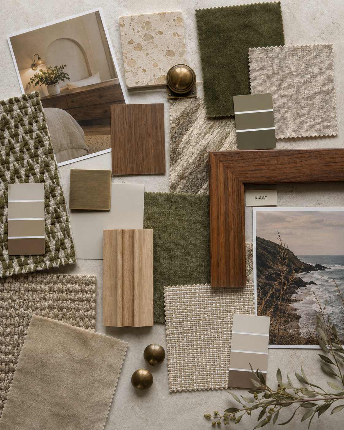 wall décor mood board with fabric swatches, paint colours and frame samples