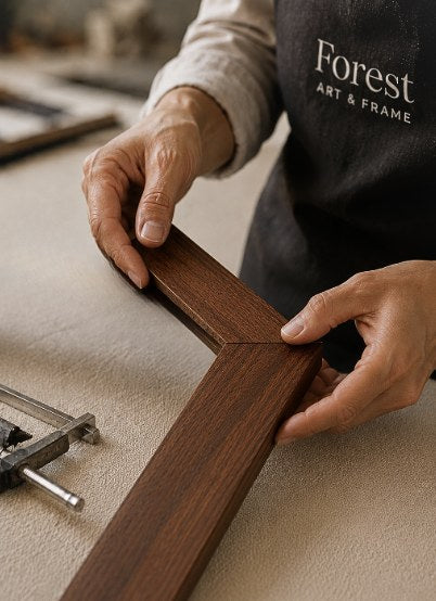 A Forest Art and Frame craftsman joining a solid timber moulding by hand in the Johannesburg workshop