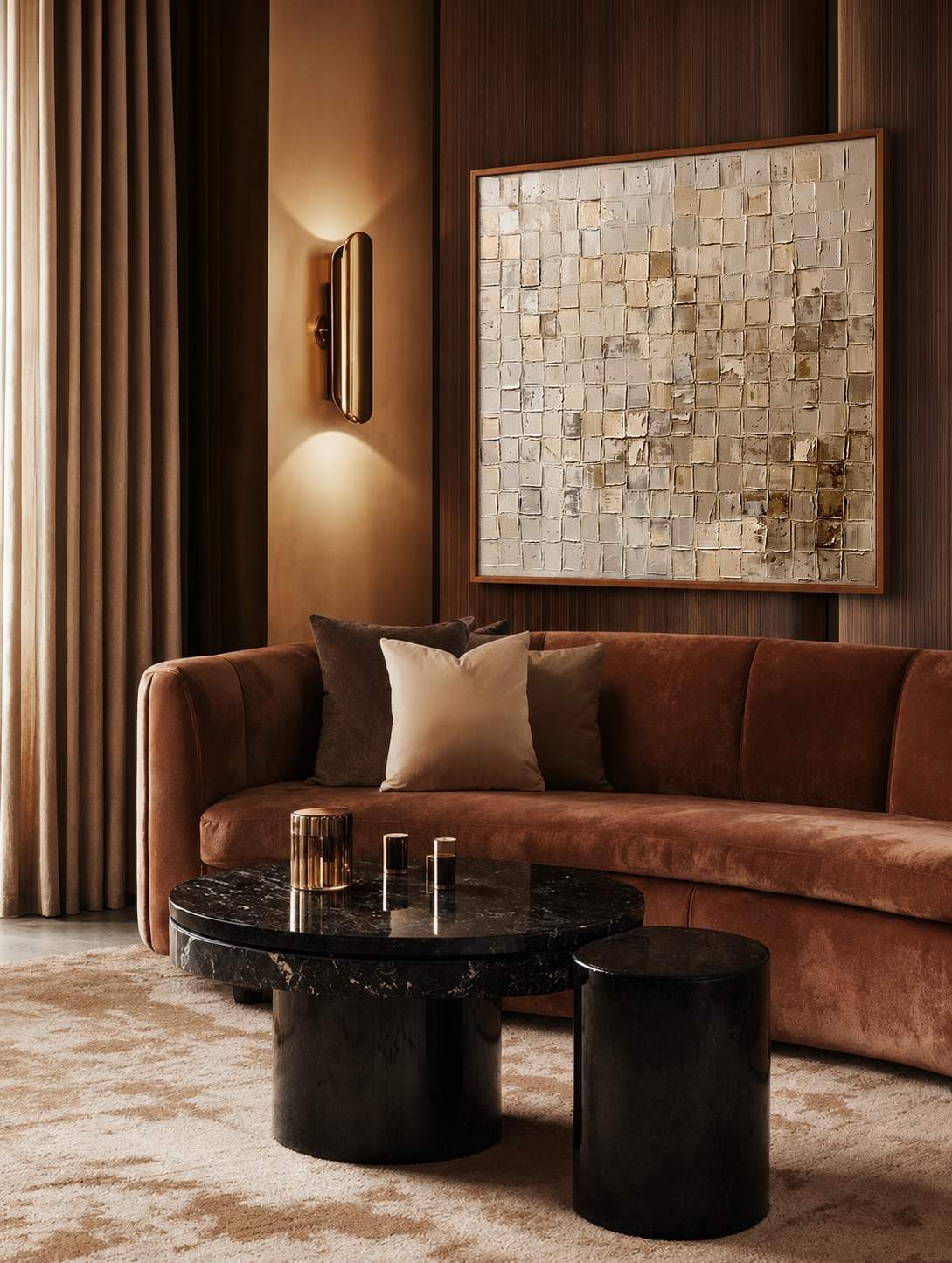 Large gold mosaic textured artwork framed above a velvet sofa