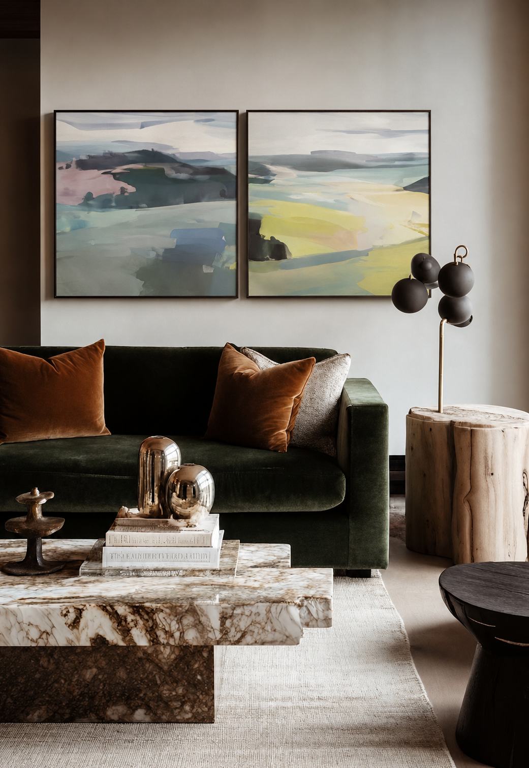Framed art previewed on a living room wall