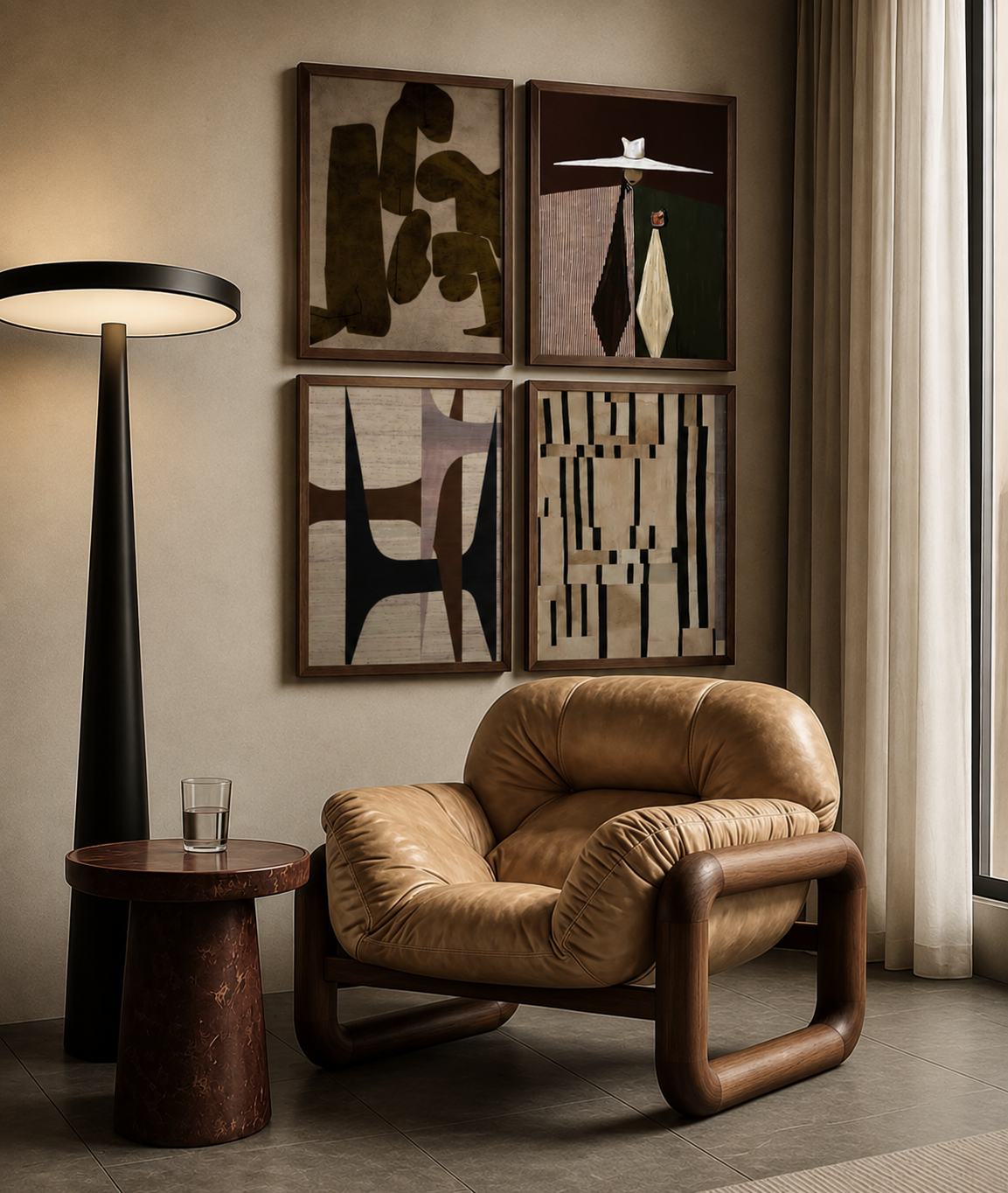 Classic grid gallery wall of framed artworks in African walnut mouldings on a neutral living room wall