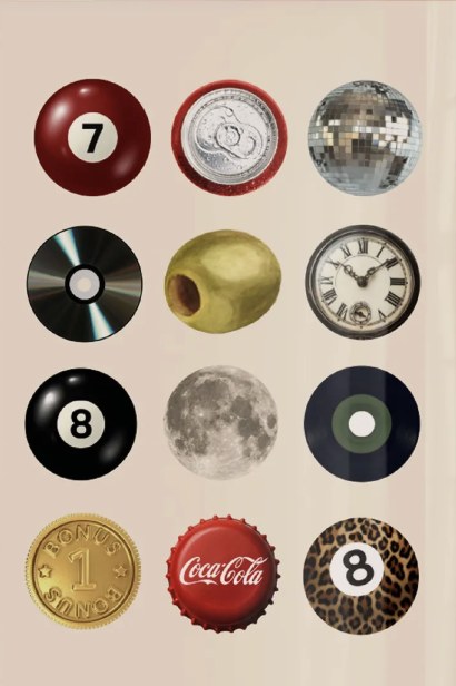Retro icon grid art print of vinyl records, pool balls and bottle caps in a custom frame