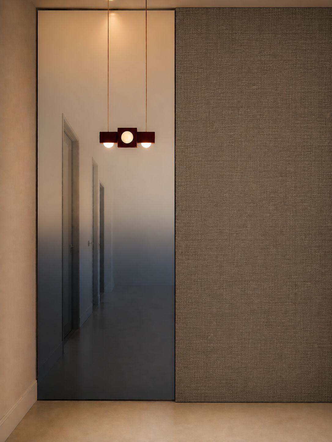 Full height gradient wall mirror in smoke tinted glass, made by hand in the Forest and Frame workshop
