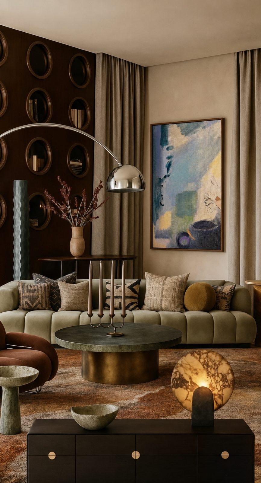 Lounge styled with a large framed blue and green abstract art print