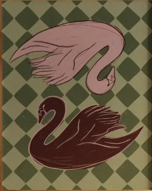 Swan pair children's art print in a custom frame