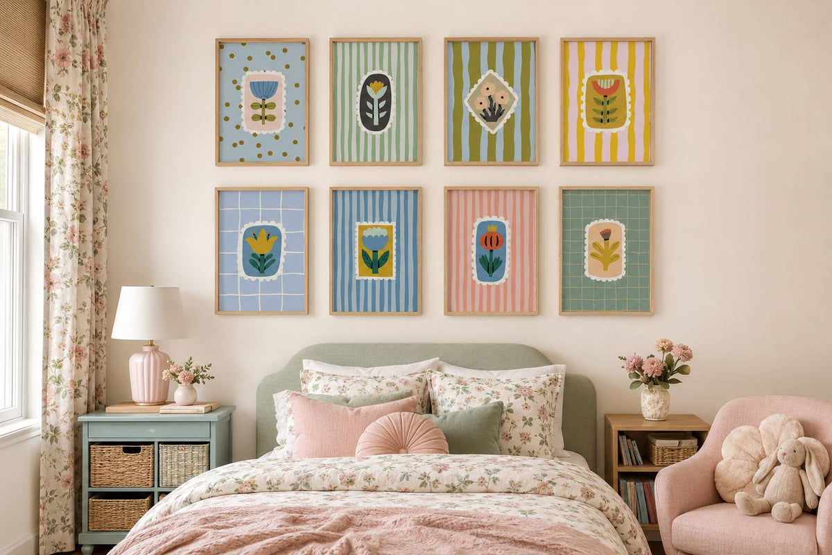 Girls room gallery wall of framed botanical and floral prints hung above a bed