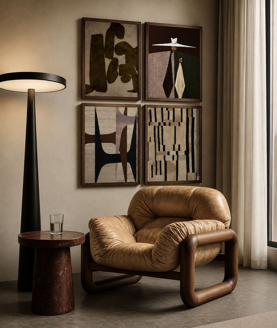 A curated feature wall of framed prints above a lounge chair, styled by Forest Art and Frame
