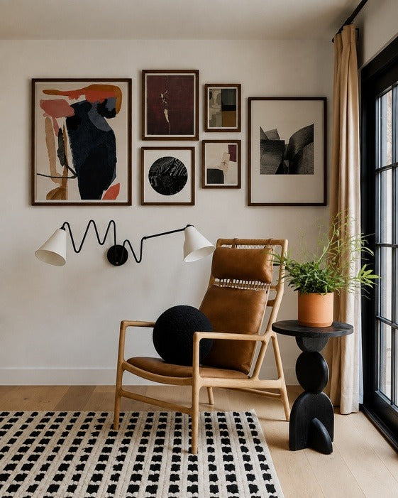 Framed gallery wall above a leather reading chair in a bright living room